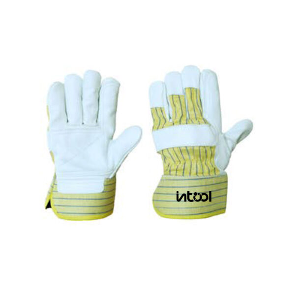 GLOVES 3 TIPS WHITE GRAIN CANADIAN WITH YELLOW STRIPE DRILL CUFF BACK